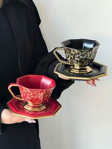 1套法国复古花卉藤蔓陶瓷咖啡杯碟，家用水/下午茶杯碟，节日礼物杯碟 - 彩色 - 查看 12