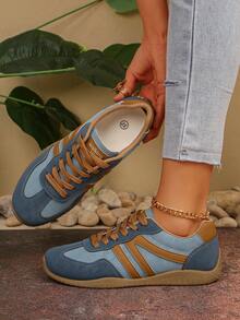 Women's Casual Sneakers, New Versatile Flat Slip-On Shoes, Fashionable Comfortable Lightweight Lace-Up Running Shoes, Breathable Round Toe Trainers - Blue - View 5