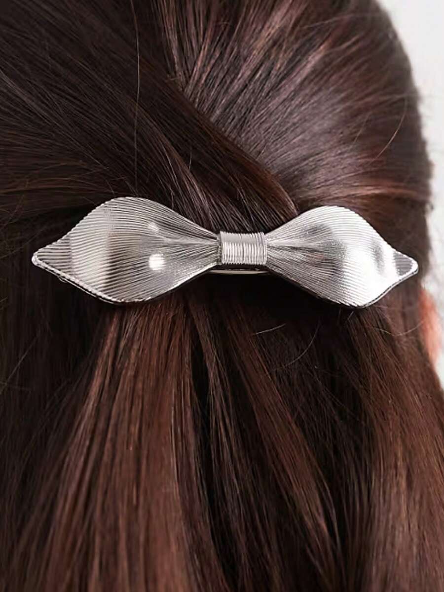 1个银色抽象蝴蝶结弹簧发夹，时尚休闲蝴蝶结发夹，简约纯色条纹多功能金属侧夹 - 彩色 - 查看 1
