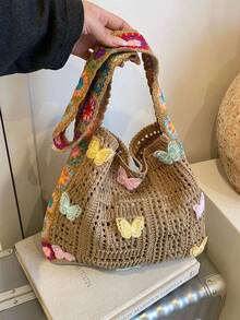 Dedoo Bohemian Style Women's Handbag, Large Capacity Open-Top Tote, Beach Bag, Travel Accessory, Woven Texture, Suitable For Work, School, Beach, Crochet, Holiday (Butterfly Color/Position Random) (Strap Color/Pattern Random) - Khaki - View 3