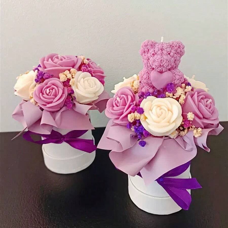 3D硅胶模具，适用于制作玫瑰花和熊形蜡烛、肥皂、树脂工艺品、家居装饰和香薰产品 - A-白色 - 查看 1