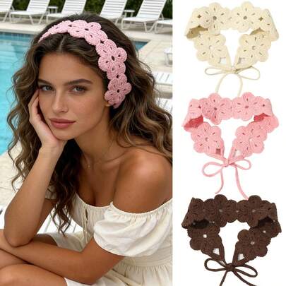 1 Piece Bohemian Solid-Color Flower Headscarf, Country-Style Solid-Color Crochet Flower Headscarf, Summer/Autumn Women's Fashionable Hair Tie, Soft Polyester Fiber Headscarf Accessory, Women's Outdoor Travel Headscarf, Gift For Your Girlfriend