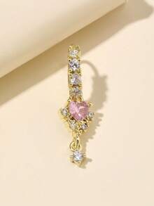 1pc Gold & Pink Heart Tassel Long Nose Ring, For Daily Wear - 金色 - 查看 4