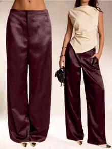 Pantalones de satén y seda de unicolor para mujer con bolsillos y cremallera, adecuados para vacaciones, oficina, brunch, aeropuerto, todo el año, color negro primavera - Burdeos - Ver 12