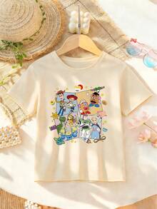 Disney Toy Story Character Collage Girls T-Shirt, Woody & Friends Printed Tee For Toddlers & Big Kids 2-14 Years, Soft Breathable Top For Summer Daily Wear Express Delivery - 杏色 - 查看 2