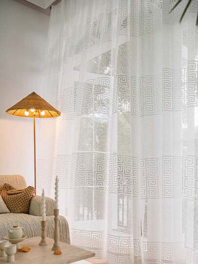 1pc Chinese Style Retro Curtain, Semi-Sheer Zen Inspired Living Room & Study Curtain Drape