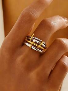 1 pieza Anillos apilables de mujer chapados en oro de 18K de acero inoxidable, anillos entrelazados multicapa, estilo bohemio, anillos de nudillo, regalo delicado, elegante diseño geométrico interconectado de juegos de anillos - Anillo liso - Ver 6