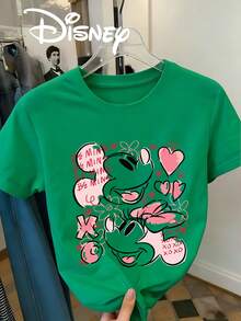 Disney Sweet And Cool Graffiti Style Cartoon Print Pattern, Women's Short Sleeved T-Shirt Casual Round Neck Top - 綠色 - 查看 1