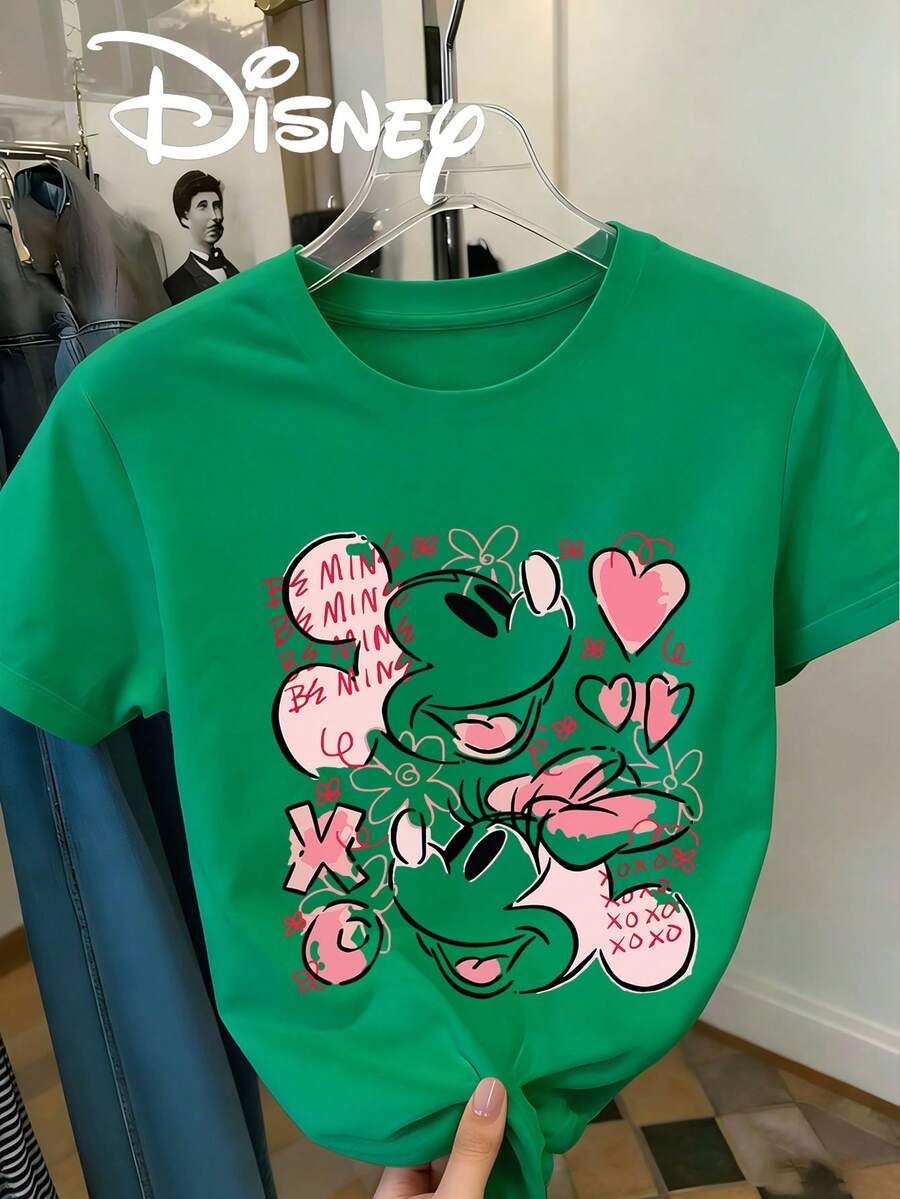 Disney Sweet And Cool Graffiti Style Cartoon Print Pattern, Women's Short Sleeved T-Shirt Casual Round Neck Top - 綠色 - 查看 1