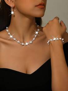 1 Set Pearl & Crystal Jewelry Set, Shiny Faux Pearl + Full Rhinestone Encrusted, Copper Material, Bridal Bridesmaid Wedding Accessories, Anniversary Gift - 621747 Pearl Set - View 3