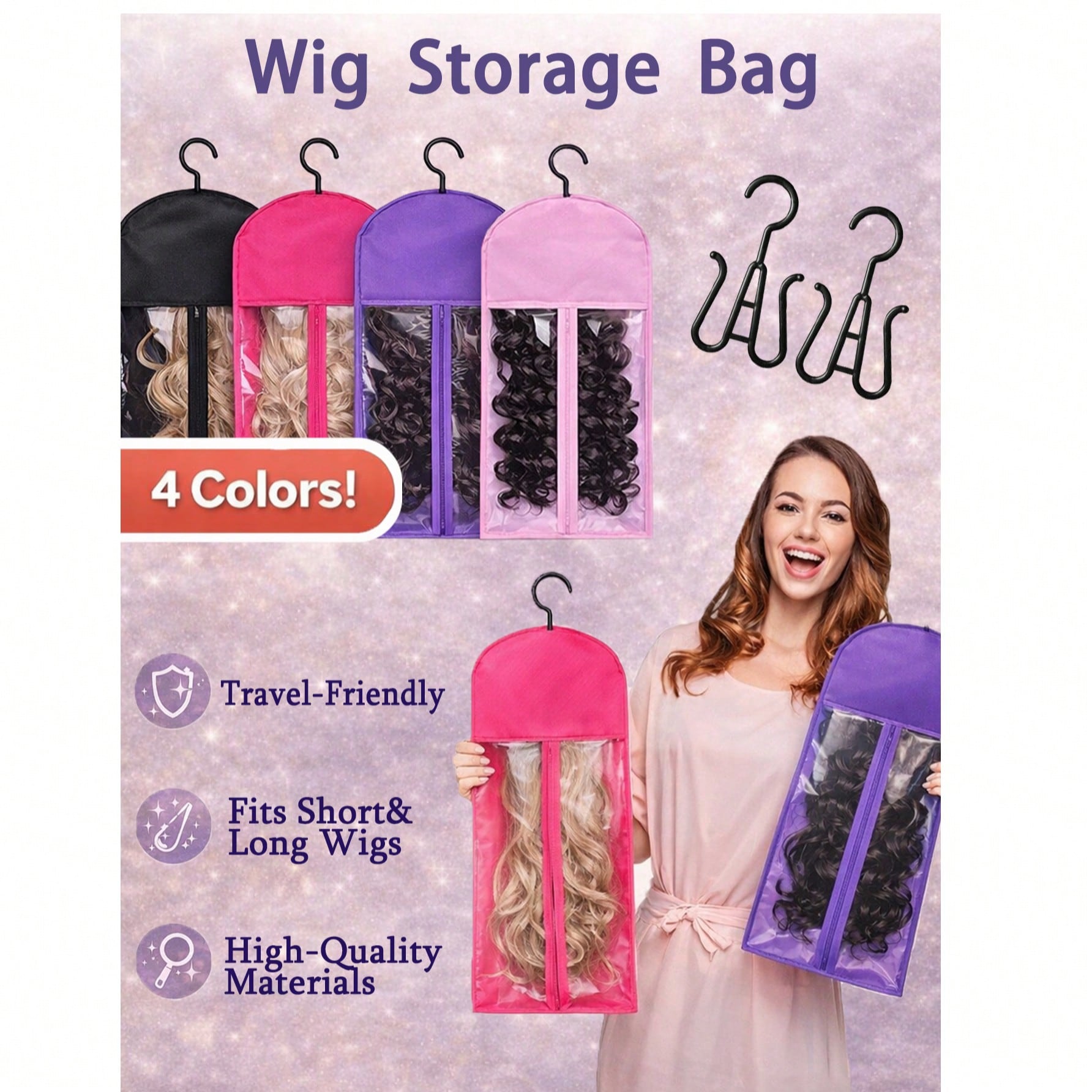 Wig Storage Bag With Hooks - Satin Wig Bag For Multiple Wigs, With Zipper Wig Travel Case Wig Hanger For Closet Portable Wig Box Wig Organizer For Hair Extensions Wig Hanger For Closet Hair Clip Hooks
