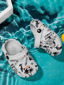 1双春夏新款卡通鲨鱼恐龙图案男童舒适休闲轻便透气沙滩拖鞋 - 灰色 - 查看 1