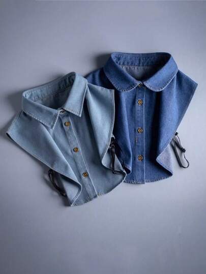 时尚简约女式牛仔尖领衬衫，配有可拆卸假领，圆领可拆卸领饰，适合春秋季服装穿着。