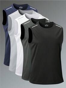 Men's Sports Tank Top, Summer Quick-Dry Elastic T-Shirt, Sleeveless Pullover Round Neck Reflective Print, Fitness Casual Workout Top Black - Black - View 1