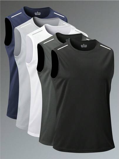 Áo tank top thể thao nam, áo thun co giãn nhanh khô mùa hè, áo không tay cổ tròn in phản quang, áo tập thể dục thường ngày.