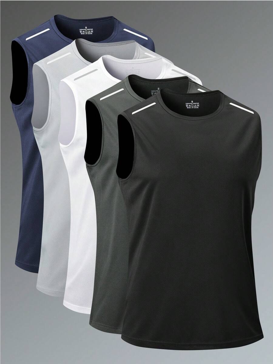 Men's Sports Tank Top, Summer Quick-Dry Elastic T-Shirt, Sleeveless Pullover Round Neck Reflective Print, Fitness Casual Workout Top Black - Black - View 1