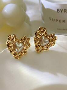1 par de pendientes con forma de corazón asimétrica y textura de acero inoxidable, adecuados para uso diario y el Día de San Valentín - Dorado - Ver 4