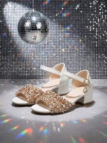 1 Pair Girls' High Heel Sandals, Sparkling Rhinestones, Open Toe Children's Sandals With Pendant Buckle, Girls' Chunky Heel Sandals, Suitable For Weddings, Parties, Birthdays, Holidays - Gold - View 5