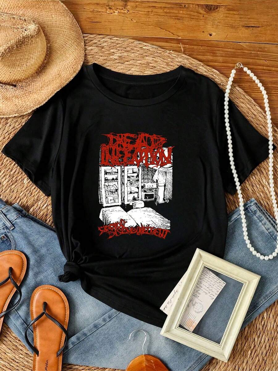 Maglietta da donna con stampa "Dead Infection", regalo per amici, colore nero, in cotone, taglia unica - nero - Visualizzare 1