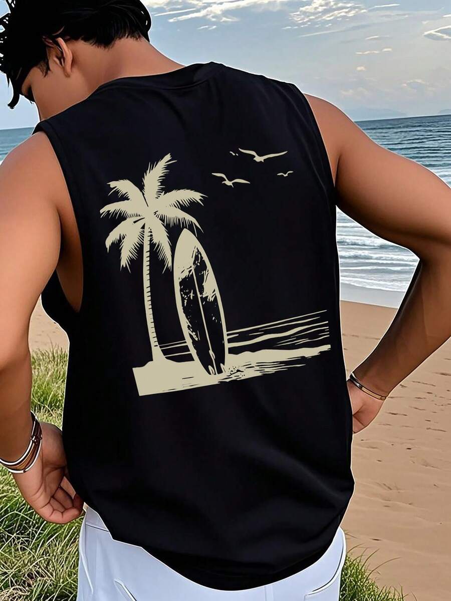 1pc Men's Summer Printed Round Neck Casual Tank Top - Black - View 1