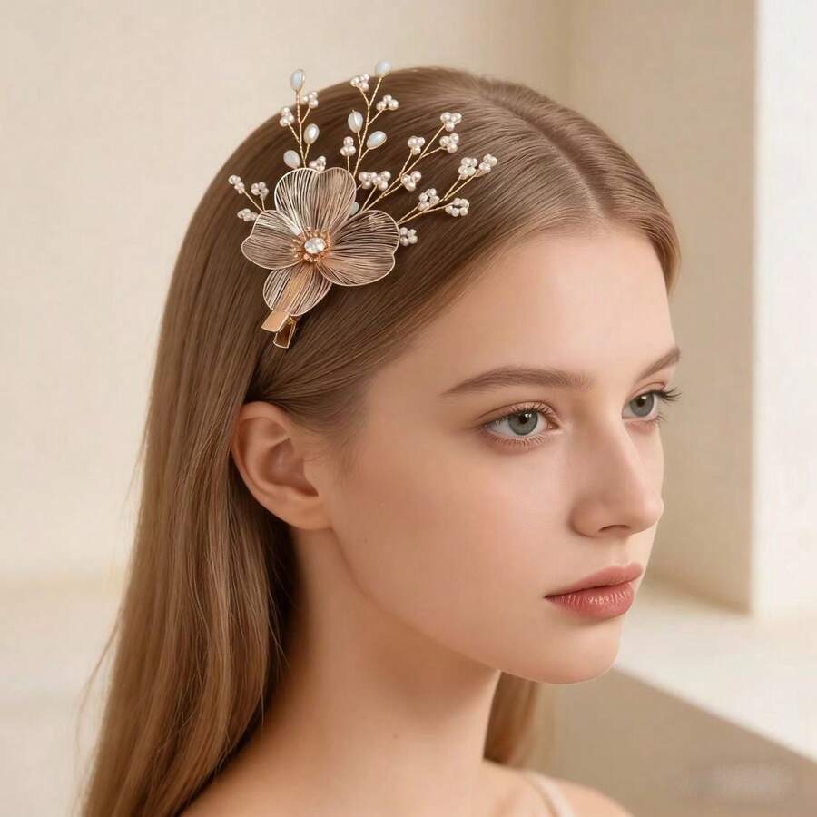 1pc Baroque Style Golden Apricot Flower Headband - Gold - View 1