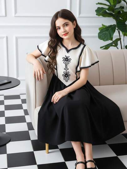 Mädchen Vintage Muster Midi-Kleid, Sommer Mode