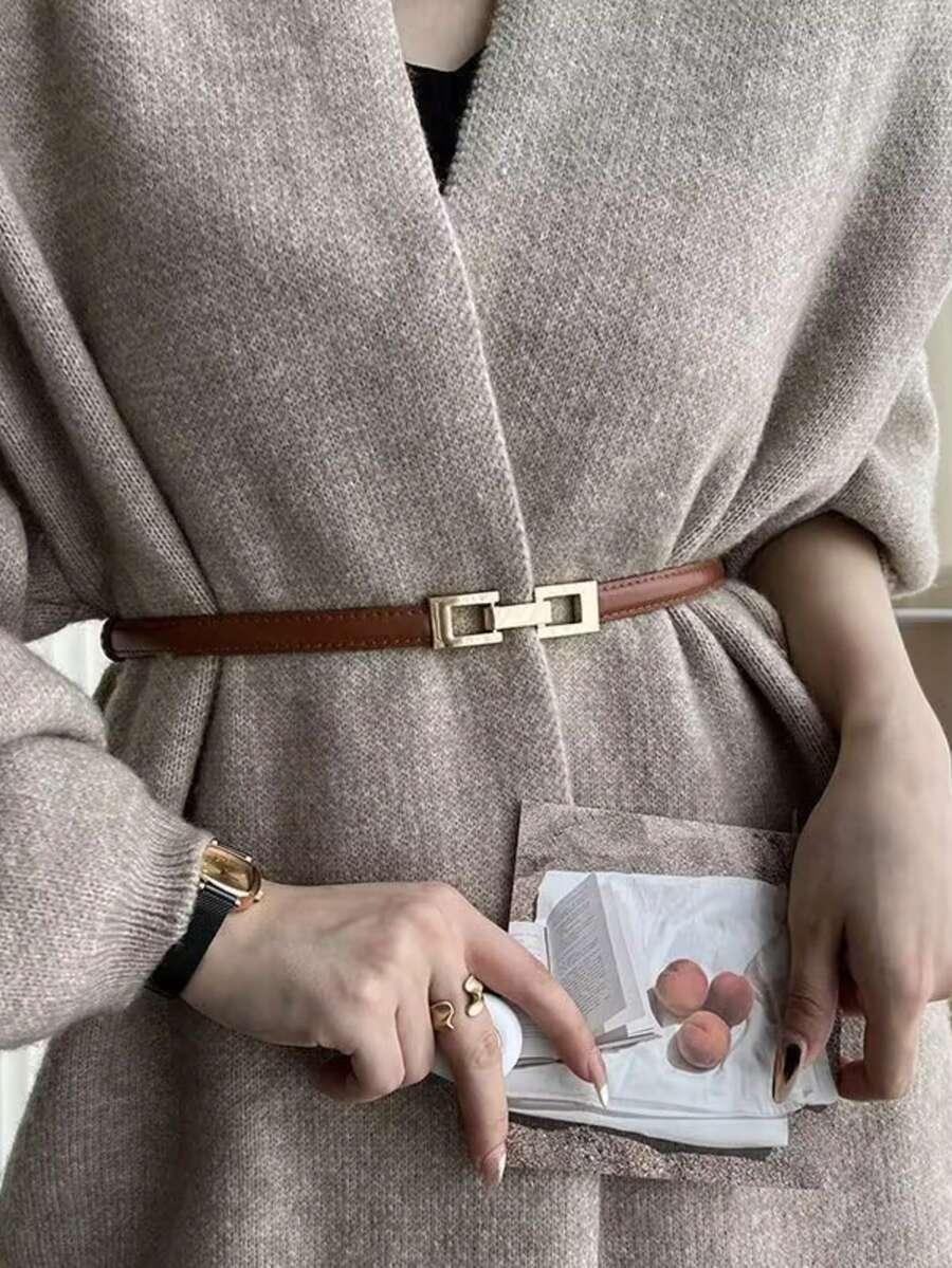 女士可调节弹力腰带，适合搭配裙子、毛衣、外套，韩式装饰腰带 - 棕色 - 查看 1