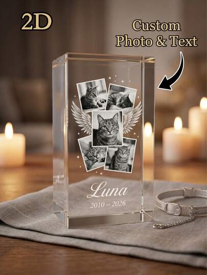 Custom Personalized 2D Crystal Pet Photo Block With Angel Wings, Custom Text & Image Pet Memorial Keepsake, Sympathy Gift For Dog & Cat Owners, Home Desk Decor Pet Loss Remembrance