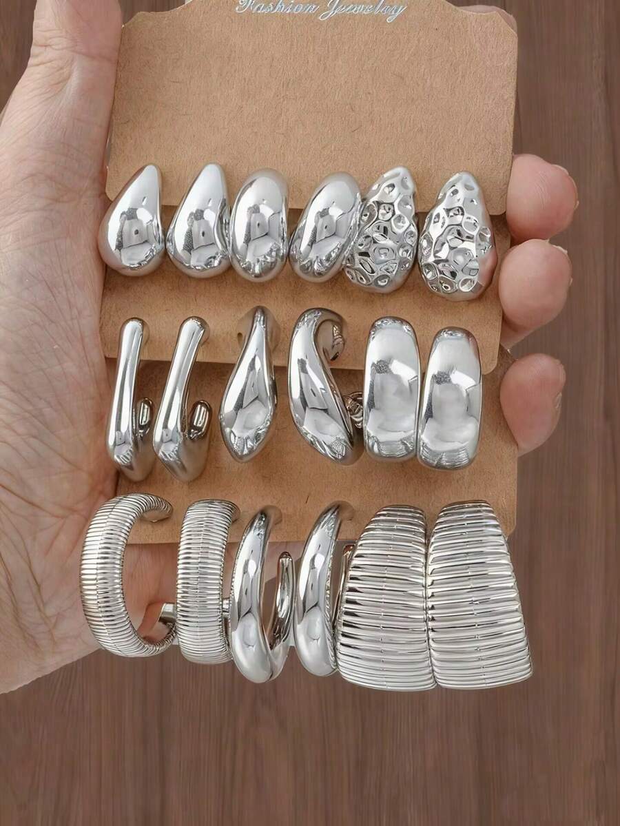 6-18 件几何纹理吊坠环状耳环，时尚波西米亚风格，适合作为节日、假日送给家人和朋友的礼物（纸卡包装） - 銀色 - 查看 1