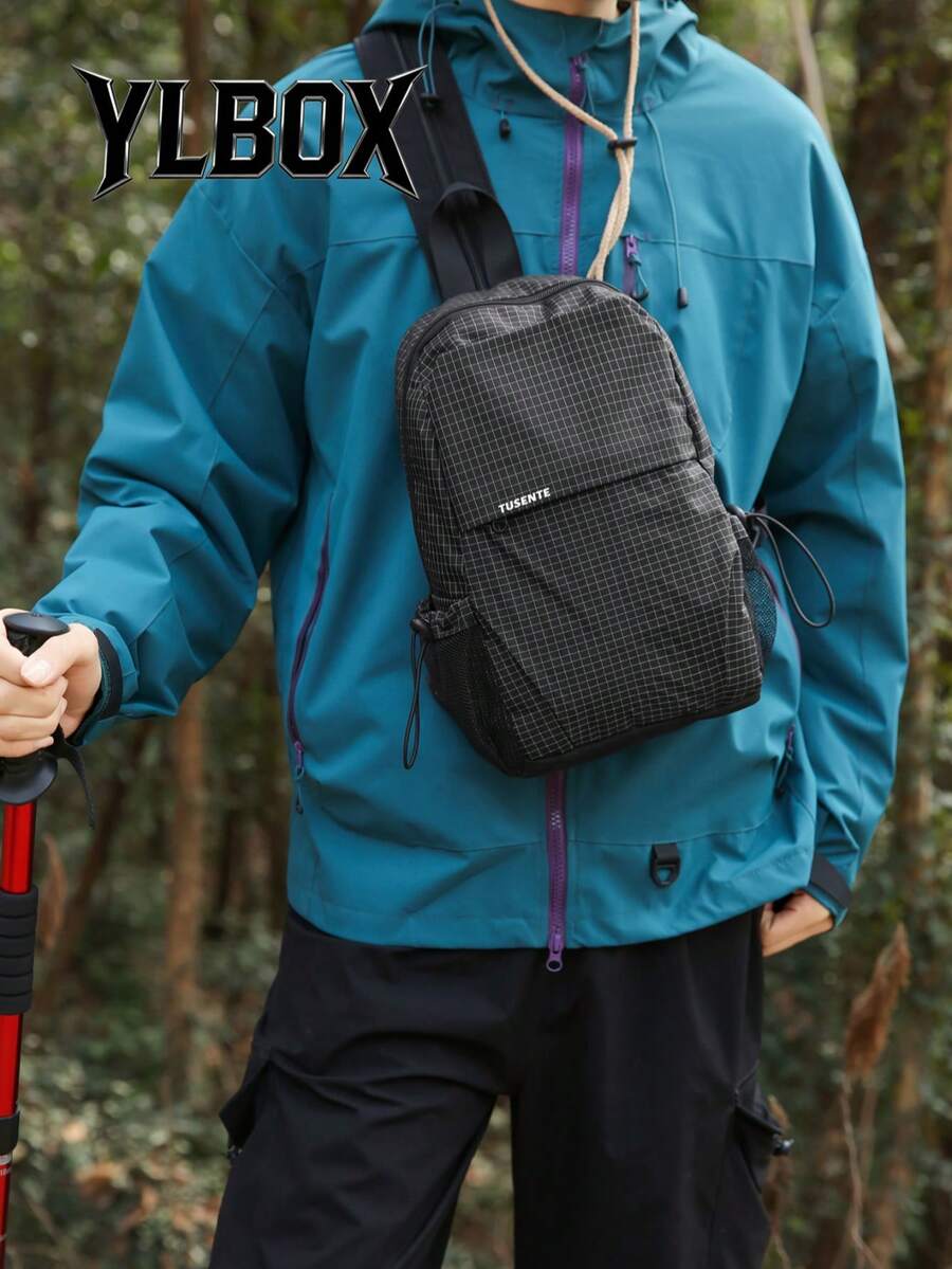 男士尼龙方形胸包,大容量,纯色,可调节肩带,运动、通勤、休闲、感恩节、斜挎包、骑行包、圣诞节、男士单肩包 - 黑色 - 查看 1