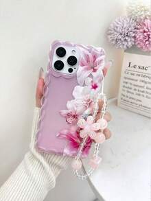 Floral Lily Painted Braided Wavy Edge Transparent Detachable Bracelet Charm, Fashionable Minimalist Thick Shockproof Phone Protective Case Suitable For IPhone 17/17 Pro, 15 Pro Max, 16/16 Pro/16 Pro Max, 16 Plus, 15 XR, 7/8, 15 Pro Max, 12 Pro Max, 13 Pro Max, 14 Pro Max, 13, 14, 11, 12, 14 - Multicolor - View 4
