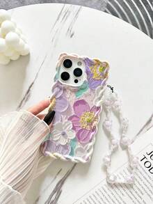 Painting Floral Painted Braided Wave Edge Minimalist Elegant TPU Painted Shockproof Phone Case With Beaded Bracelet Accessory, Compatible With IPhone 17pro/17Air /17/17promax 16/11/16pro/16plus/16promax/16e/15Promax/13/14/12/XS/XR/7G/8PXR /7/8, 15Promax, 13, 14, Soft Case, P12, X, 12/14 Painted TPU Shockproof Soft Case - Multicolor - View 2