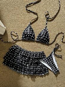 三件套波点泳衣套装，优雅露背泳装，沙滩吊带背心和泳裤比基尼 - 黑與白 - 查看 1