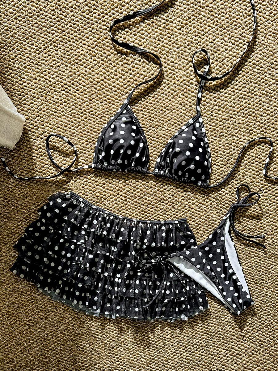 三件套波点泳衣套装，优雅露背泳装，沙滩吊带背心和泳裤比基尼 - 黑與白 - 查看 1