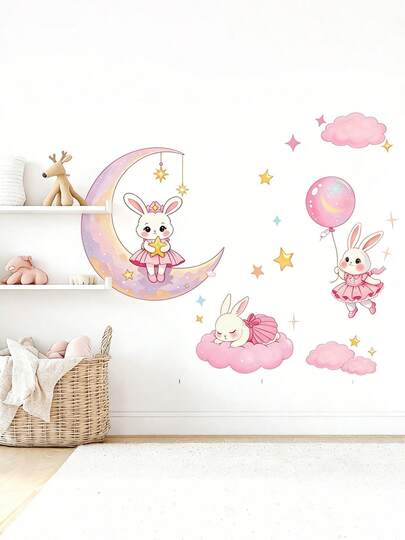 Pink Sleeping Rabbit Moon Decal Wall Sticker For Children's Room Bedroom Living Room Decoration Cute Animal Background Wall Decor