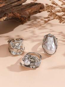 3pcs Set New Baroque Inlaid Asymmetric Geometric Vintage Silver Rings Set, Suitable For Women's Daily And Party Wear - Silver - View 5