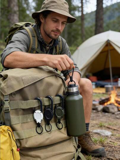 พวงกุญแจลวดเหล็กแบบยืดหดได้สำหรับตั้งแคมป์กลางแจ้งแบบปลดเร็วพร้อมคาราบิเนอร์อเนกประสงค์เชือกเส้นเล็กยืดหยุ่นกันหาย, คลิปพวงกุญแจโลหะแบบพกพาทนทานสำหรับอุปกรณ์เดินป่าผจญภัย