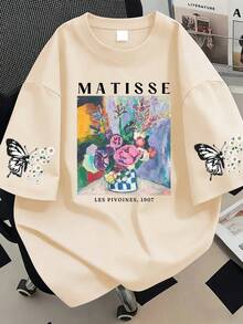 T-shirt imprimé lettres, fleurs et papillons, hauts d'été décontracté grande taille pour femmes, convient pour les vacances, la plage, le printemps, la fête des mères, le port quotidien, le mariage, la plage, le fitness, la remise des diplômes, les fêtes, un Top de printemps à la mode - Nude - Voir 1