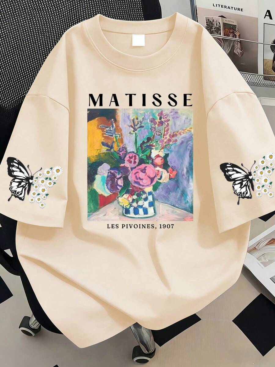 T-shirt imprimé lettres, fleurs et papillons, hauts d'été décontracté grande taille pour femmes, convient pour les vacances, la plage, le printemps, la fête des mères, le port quotidien, le mariage, la plage, le fitness, la remise des diplômes, les fêtes, un Top de printemps à la mode - Nude - Voir 1
