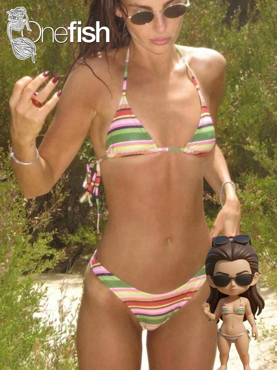 Onefish Bộ bikini nữ kẻ sọc xanh lá cây, hồng, cam, áo tam giác có dây đeo điều chỉnh được, cúp ngực trượt, eo cố định, quần cạp thấp, kiểu dáng gợi cảm, thích hợp cho kỳ nghỉ hè đi biển. - màu xanh lá - Xem 1