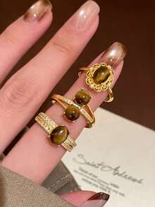 3件套时尚立方氧化锆心形开口戒指，适合女士日常佩戴 - 金黃色 - 查看 5