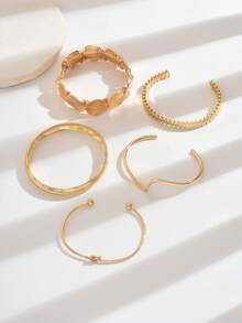 5 pièces/set Bracelet de style bohème vintage élégant multicouche torsadé géométrique ouvert, convient pour le port quotidien, les fêtes, les vacances, la plage, les accessoires, cadeau parfait pour les femmes - 5 pièces d'or - Voir 5