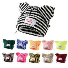 Stripe Knit Beanie Hats Cute Bunny Ears Grunge Cap Fluffy Winter Warm Knit Crochet Outdoor Slouchy Beanie Fashion - Blue White - 查看 1