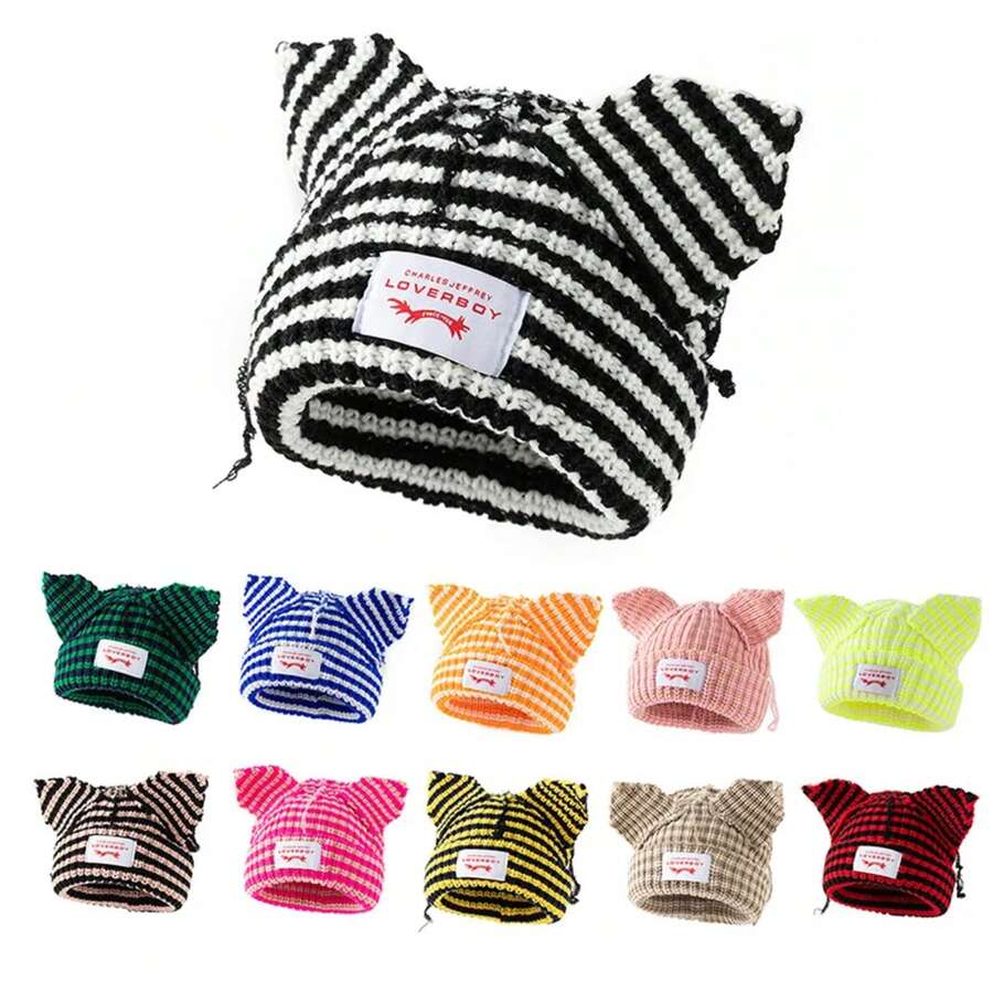 Stripe Knit Beanie Hats Cute Bunny Ears Grunge Cap Fluffy Winter Warm Knit Crochet Outdoor Slouchy Beanie Fashion - Blue White - 查看 1