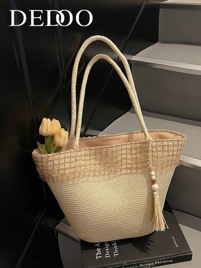 Dedoo A Gentle And Relaxing Vacation-Style Woven Tote Bag, Inspired By The Vintage Large-Capacity One Shoulder Market Basket. The Bag Body Is Arched In Design, Wider At The Top And Narrower At The Bottom, With Double-Strand Woven Matching Material Shoulder Straps That Can Be Hand-Held Or Worn On The Shoulder, Very Suitable For Commuting To Work, Going Out, Or Vacationing.