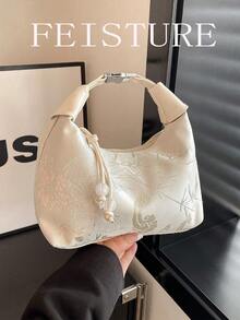1 Chiếc túi xách tay kiểu dáng xô, chất liệu vải nylon màu trơn, thêu họa tiết Trung Quốc (kiểu dáng và vị trí họa tiết ngẫu nhiên). Thích hợp cho mua sắm, hẹn hò, làm quà tặng cho nữ, phù hợp cho nhân viên văn phòng, đi làm, đi học, đi làm hàng ngày. - trắng - Xem 8