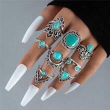 8件套绿松石油滴花朵戒指（随机做旧效果），适合女性日常佩戴 - 藍色 - 查看 1