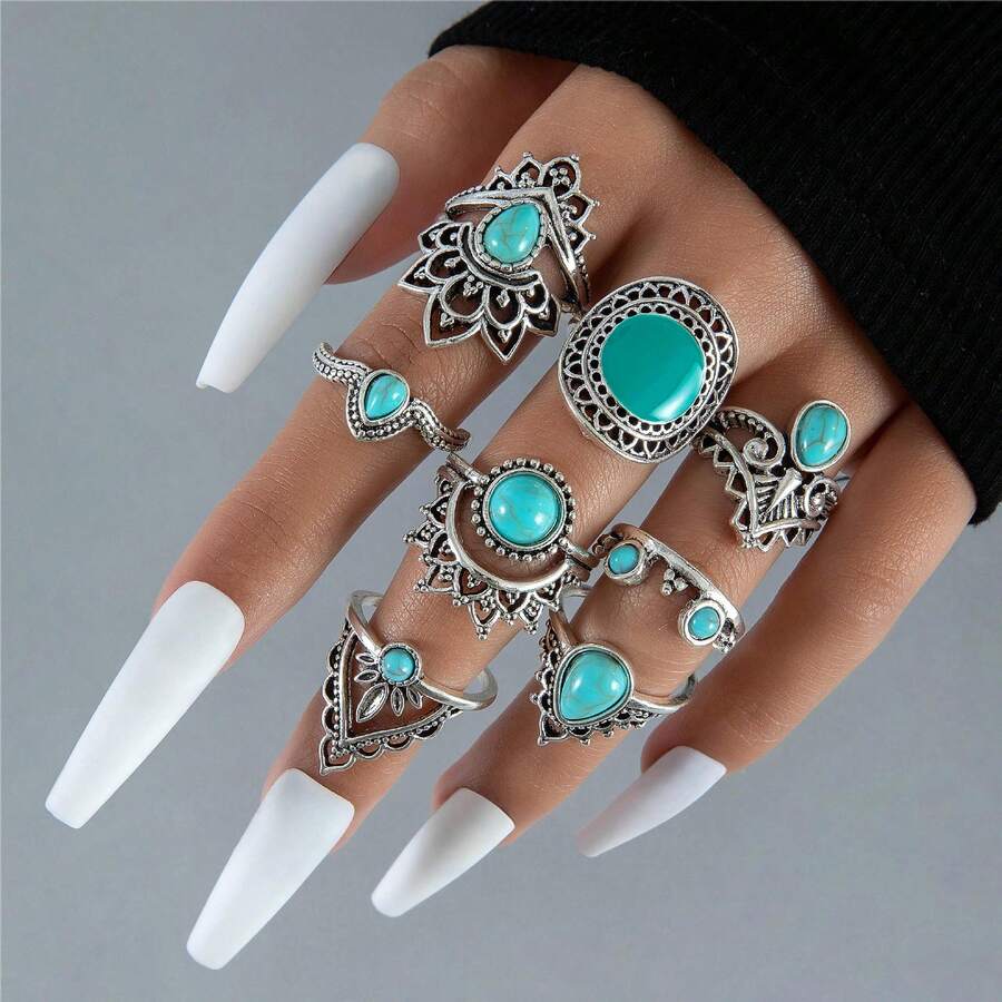 8件套绿松石油滴花朵戒指（随机做旧效果），适合女性日常佩戴 - 藍色 - 查看 1