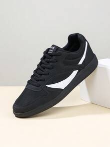 1 par de zapatillas de running casuales unisex, zapatillas planas de malla de PU con cordones, adecuadas para actividades deportivas casuales diarias, todo el año, estilo universitario - Negro - Ver 4