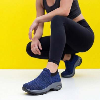 Women's Mixed Knit Slip-On Sneakers, Cushioned Shock-Absorbing Walking Shoes, Contrast Color Trim Athletic Shoes